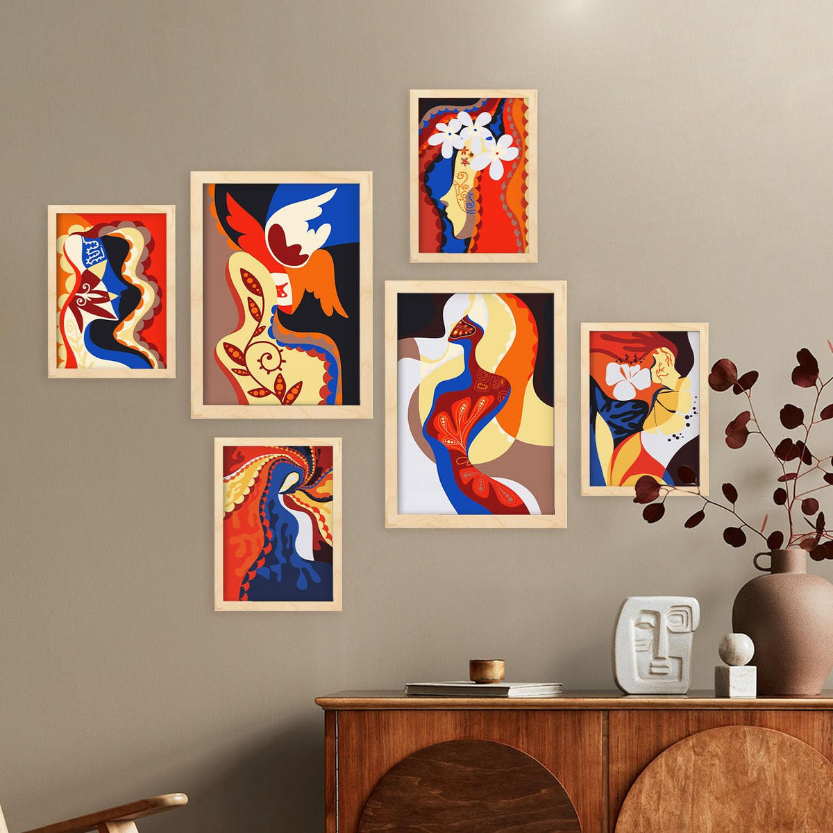 POSTER Set Mit 6 Begeisterte Meisterschaft In Weibliche Zusammenfassung Ästhetische Dekorative Gemälde Für Ihr Zuhause A3 & A4 Rahmen Aus Hellem Holz - Beige, Papier (29/3cm) - Nacnic