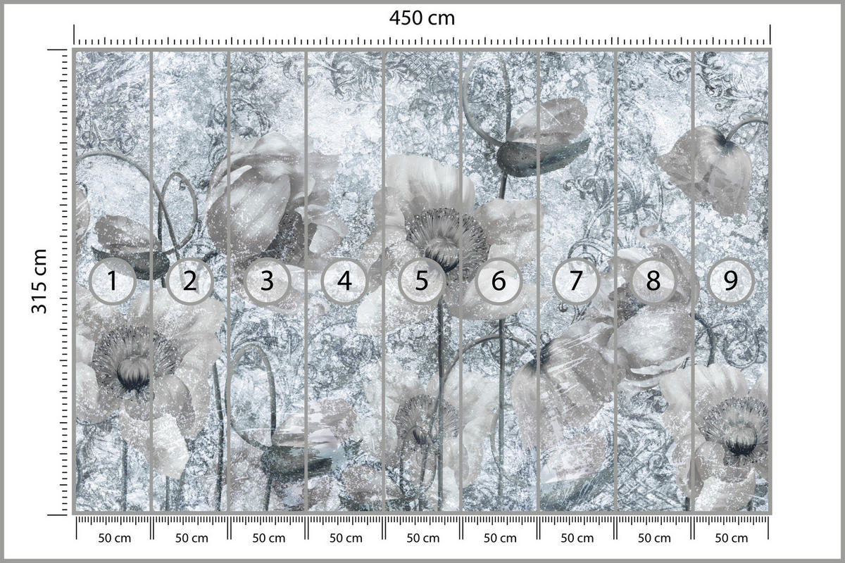 FOTOTAPETE für Wohnzimmer Grau Mohnblumen Beton Blumen Blätter 450x315 - Grau, Papier (450/315cm) - Muralo
