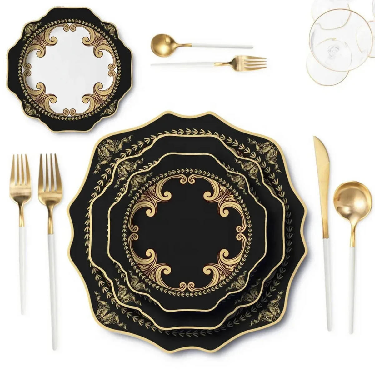 TELLERSET Schwarz Gold Sunflower Bone China Schwarz Gold 4tlg Ø30 Ø27 Ø20 Ø16 cm - Schwarz Hochglanz/Goldfarben, Keramik (30/2/2cm) - Quality Elegance