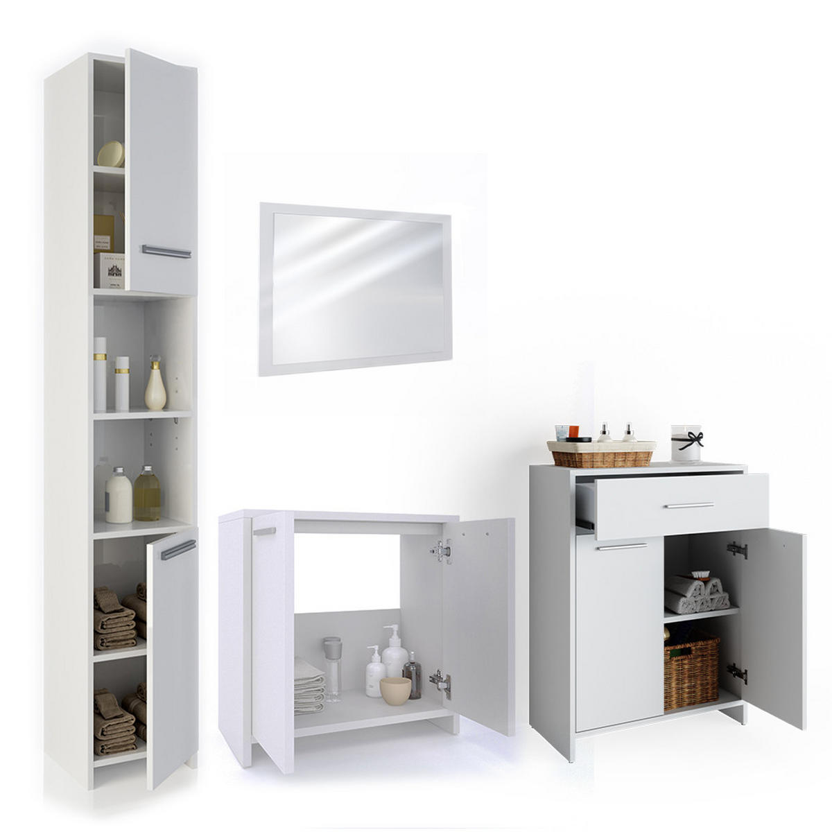 BADMÖBEL-SET Kiko Weiß 4 Teile, mit Hochschrank und Kommode - Weiß, Holzwerkstoff (58/60/33cm) - Vicco
