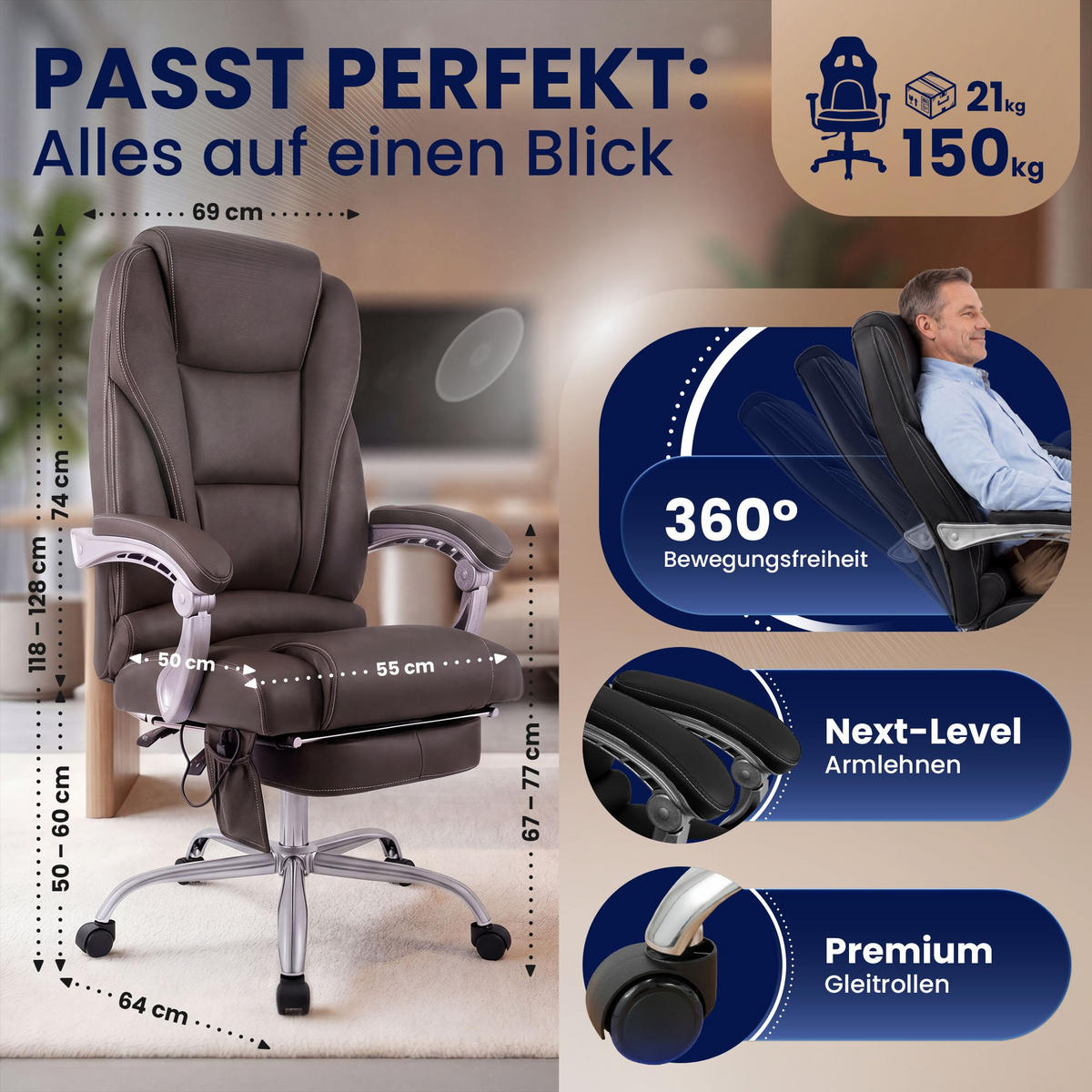 CHEFSESSEL Echtleder Braun - Chromfarben/Braun, Leder/Metall (69/118/64cm) - CLP