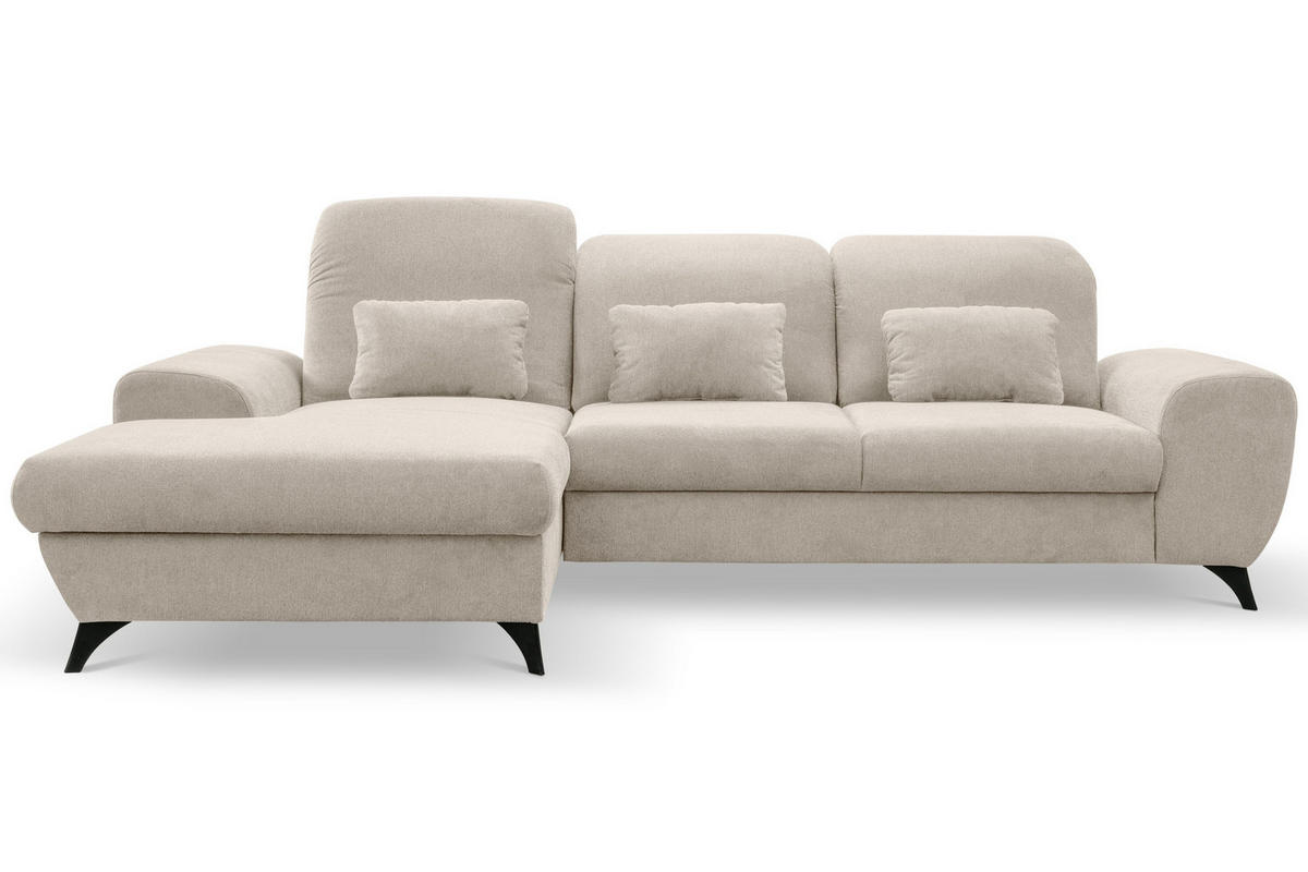 ECKSOFA LUCE L-S Creme Plüsch-Stoff mit Schlaffunktion - Creme, Holz (279/172cm) - MASSENO