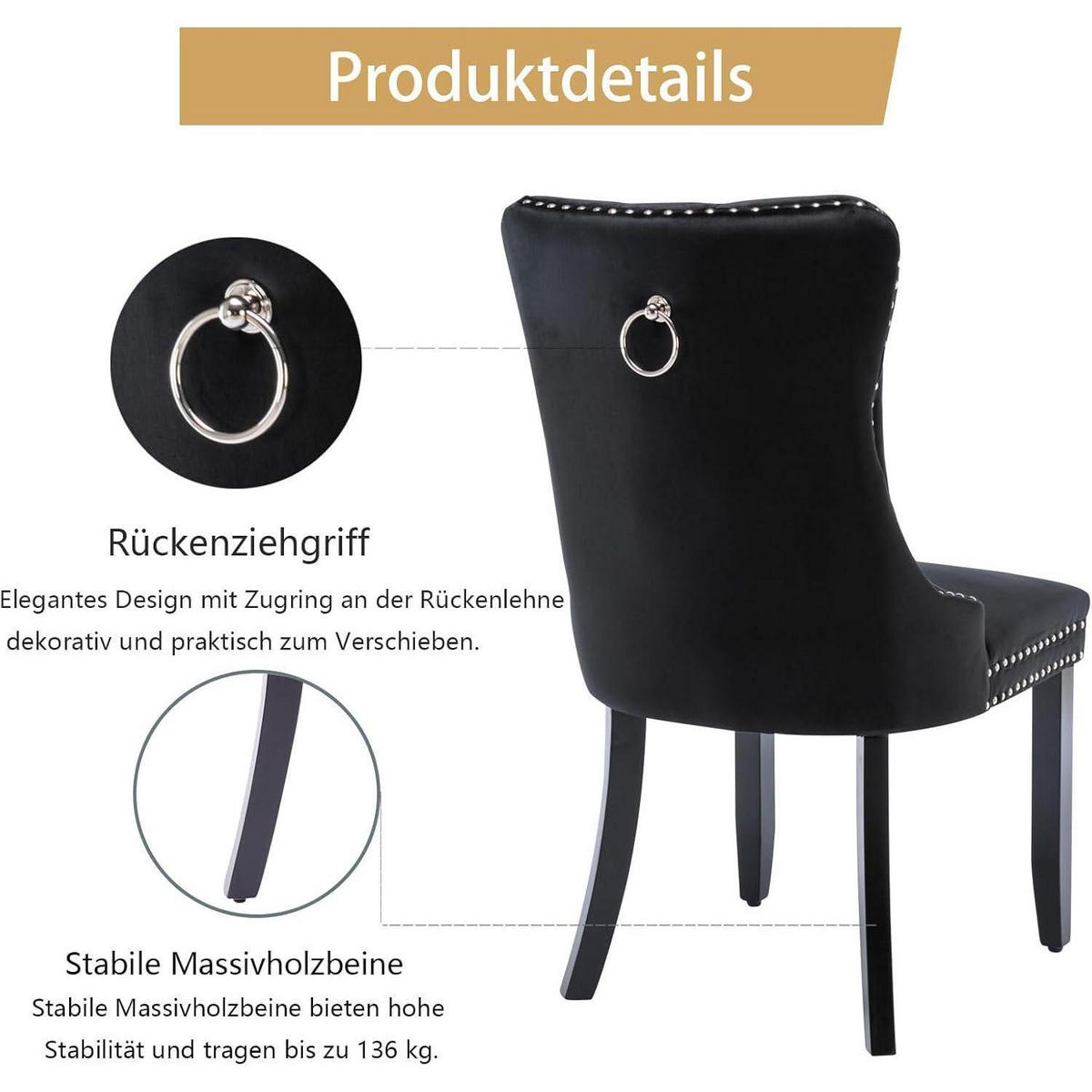 ESSZIMMERSTÜHLE 6er-Set Schwarz Samt mit Massivholzbeinen - Schwarz, Textil (50/95.2/62cm)