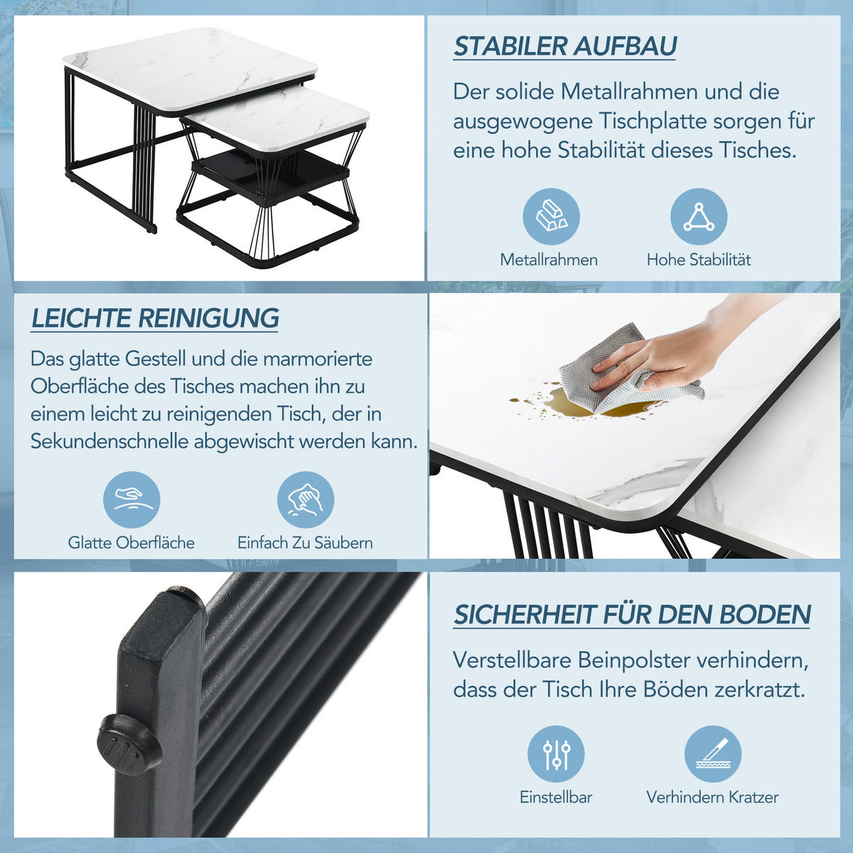 BEISTELLTISCH 2er Set Marmoroptik MDF Stahl Weiß Schwarz - Weiß, Holzwerkstoff (65/65/45cm) - FLIEKS