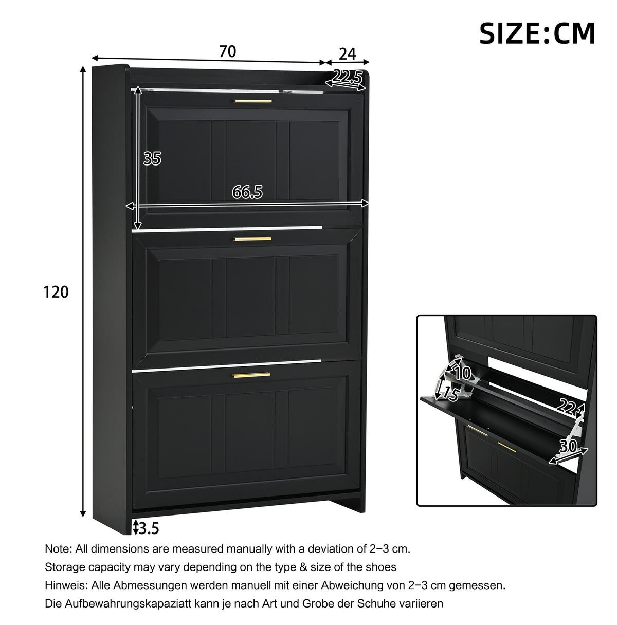 SCHUHSCHRANK 70/24/120 cm mit Klapptüren und Schublade, 6 Fächer, Schwarz - Schwarz, Holzwerkstoff (70/120/24cm) - Redom