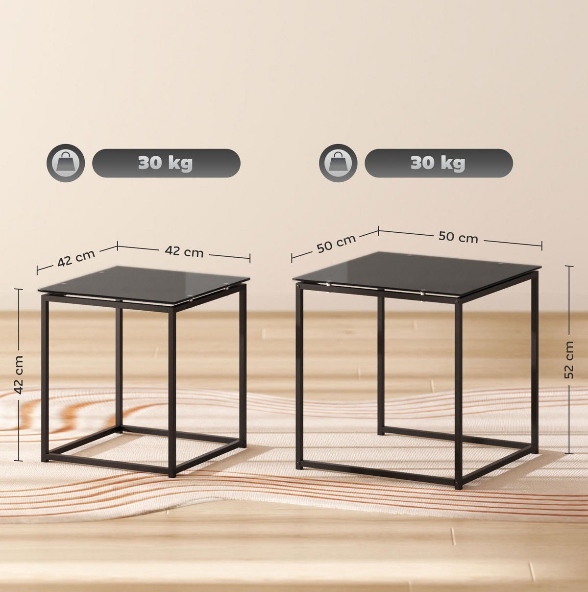 SET pomoćnih stolića 42/42/42 i 50/50/52 cm crni od čelika sa staklenom pločom - crna, metal (50/50/52cm) - OKWISH