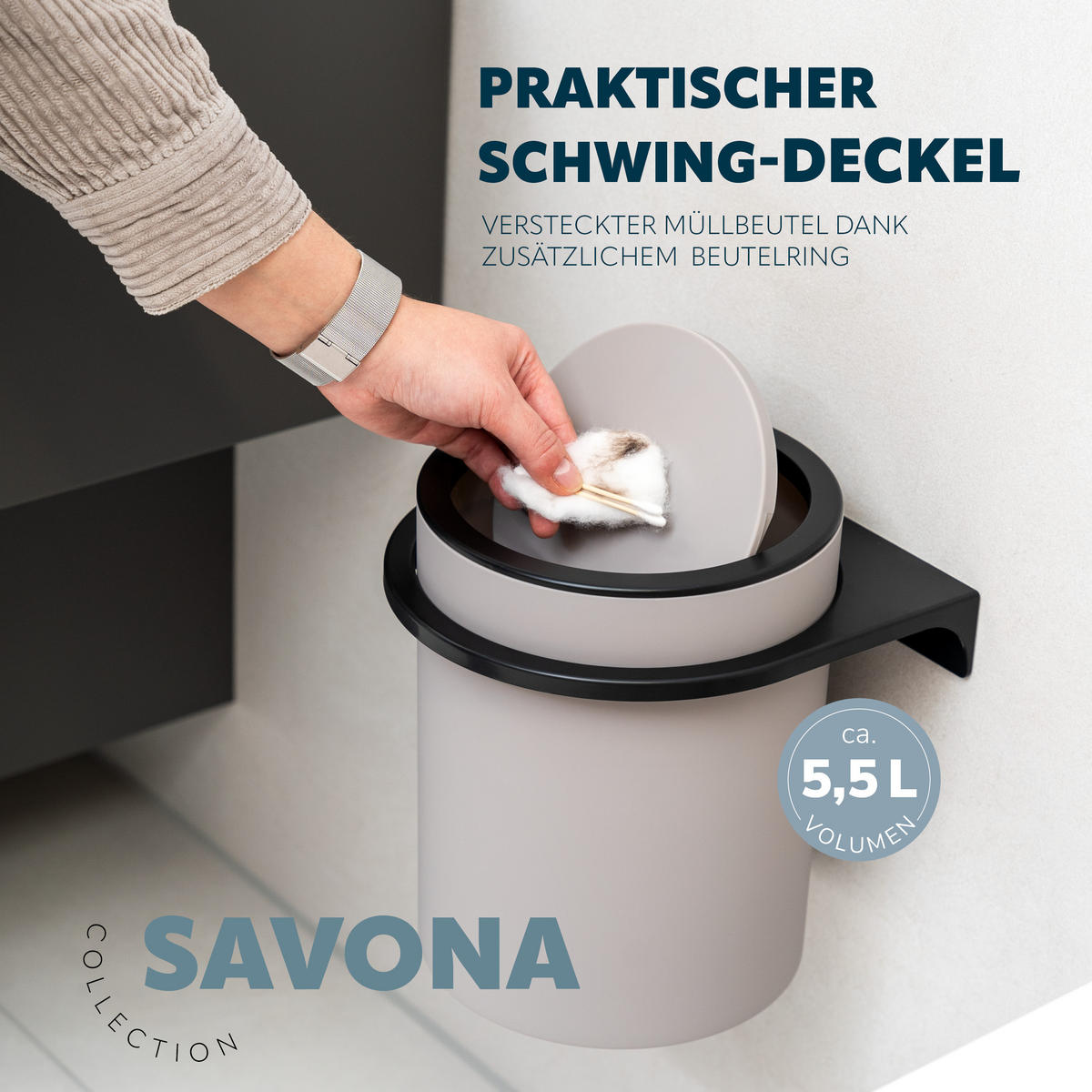 KOSMETIKEIMER SAVONA,5 Liter, grau - Taupe, Kunststoff (22/24.5/22.5cm) - bremermann