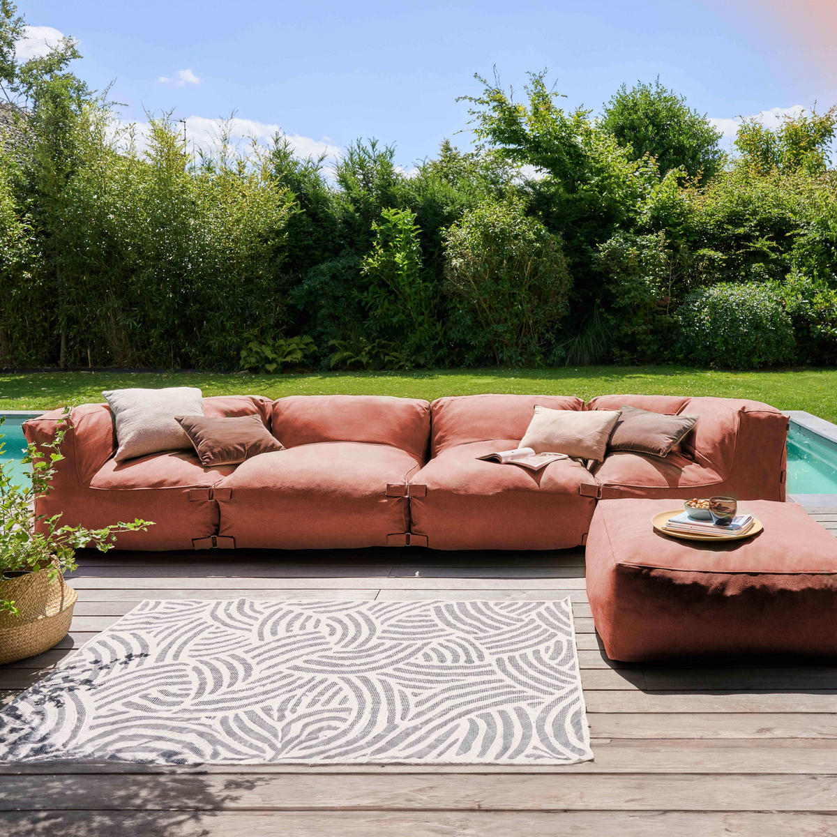 GARTENSOFA mit 5 Sitzplätzen, Terrakotta - Braun, Textil (85/65/340cm) - Oviala