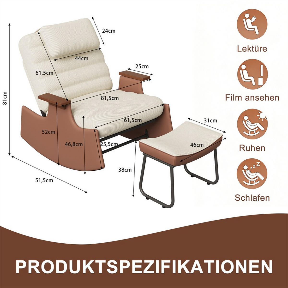 SCHAUKELSTUHL mit Hocker und Kopfkissen - mit 3-stufig verstellbare Rückenlehne und Cord-Bezug - Beige-Braun - Beige, Textil (61.5/81/51.5cm) - DELFA
