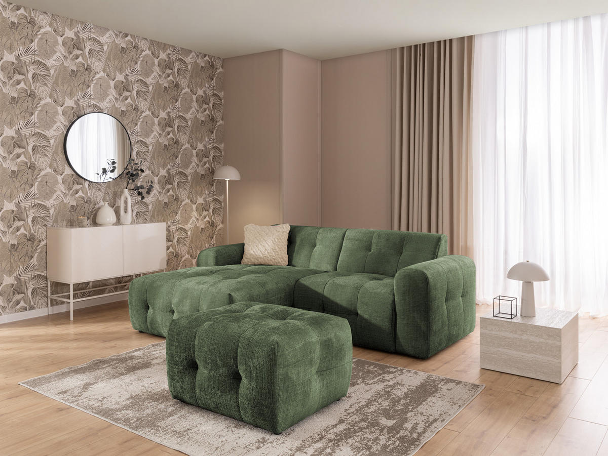 ECKSOFA inkl. Hocker Kozy im Bumpy-Design mit Schlaffunktion und fester Rückenlehne aus weichem Grün Chenille-Stoff - Ottomane links - Schwarz/Grün, Holz/Kunststoff (161/234cm) - S-Style Möbel