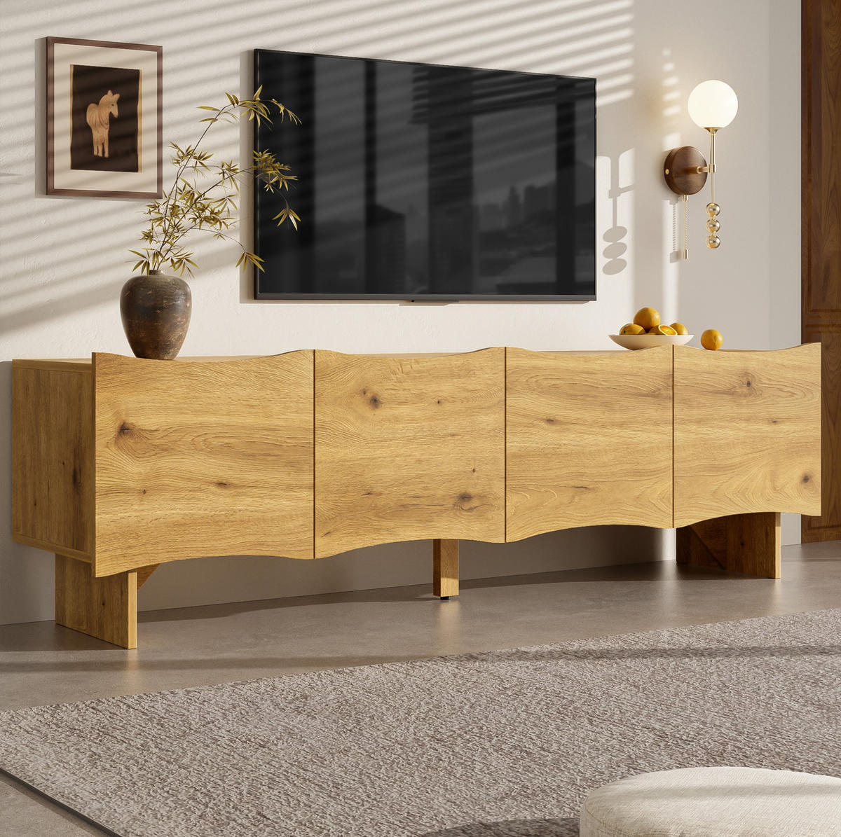 TV-LOWBOARD aus Spanplatte 155x36x47 cm Natur mit 4 Türen und Kabeldurchführungen - Eichefarben, Holzwerkstoff (155/47/36cm) - IVMEU