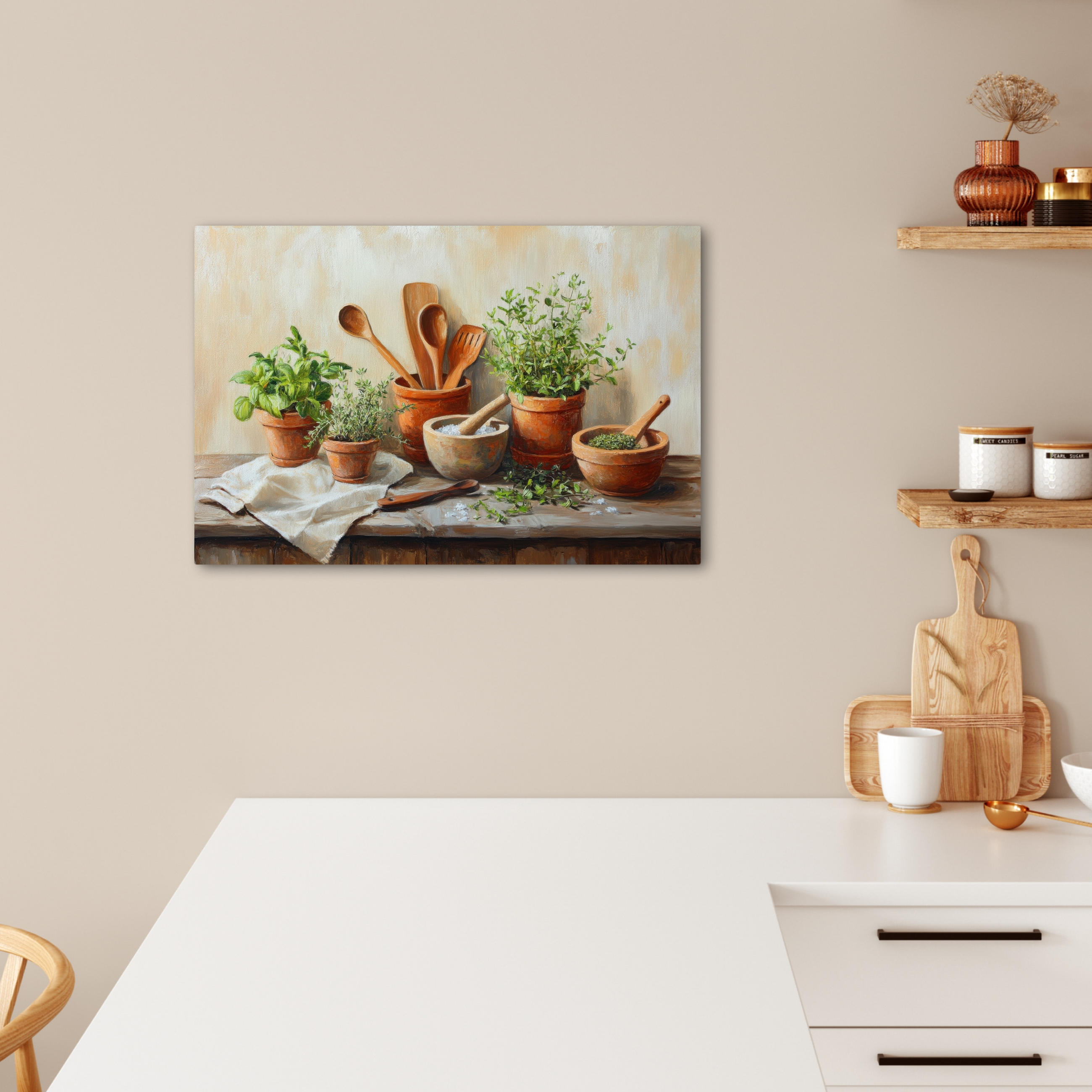 LEINWANDBILD Töpfe - Kräuter - Holz Gemälde 60x40 cm - Terracotta, Textil (60/40cm) - MuchoWow
