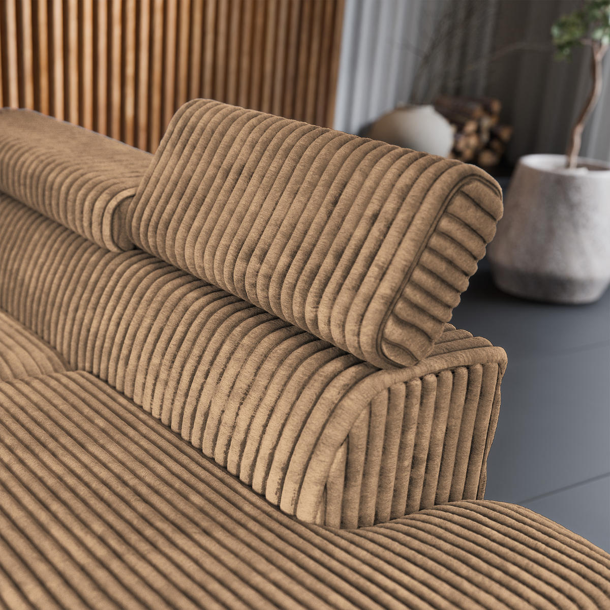 ECKSOFA VELISS Beige Kordstoff mit Schlaffunktion - Beige, Holz (255/193cm) - MASSENO
