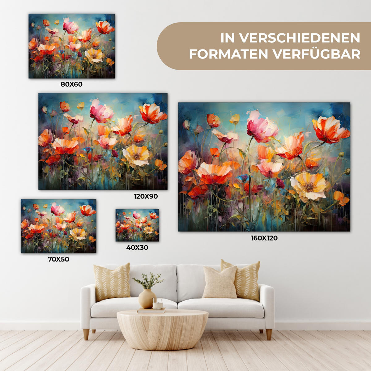 LEINWANDBILD Blumen - Aquarell - Kunst - Botanisch - Natur Wandbilder 80x60 cm - Orange, Textil (80/60cm) - MuchoWow