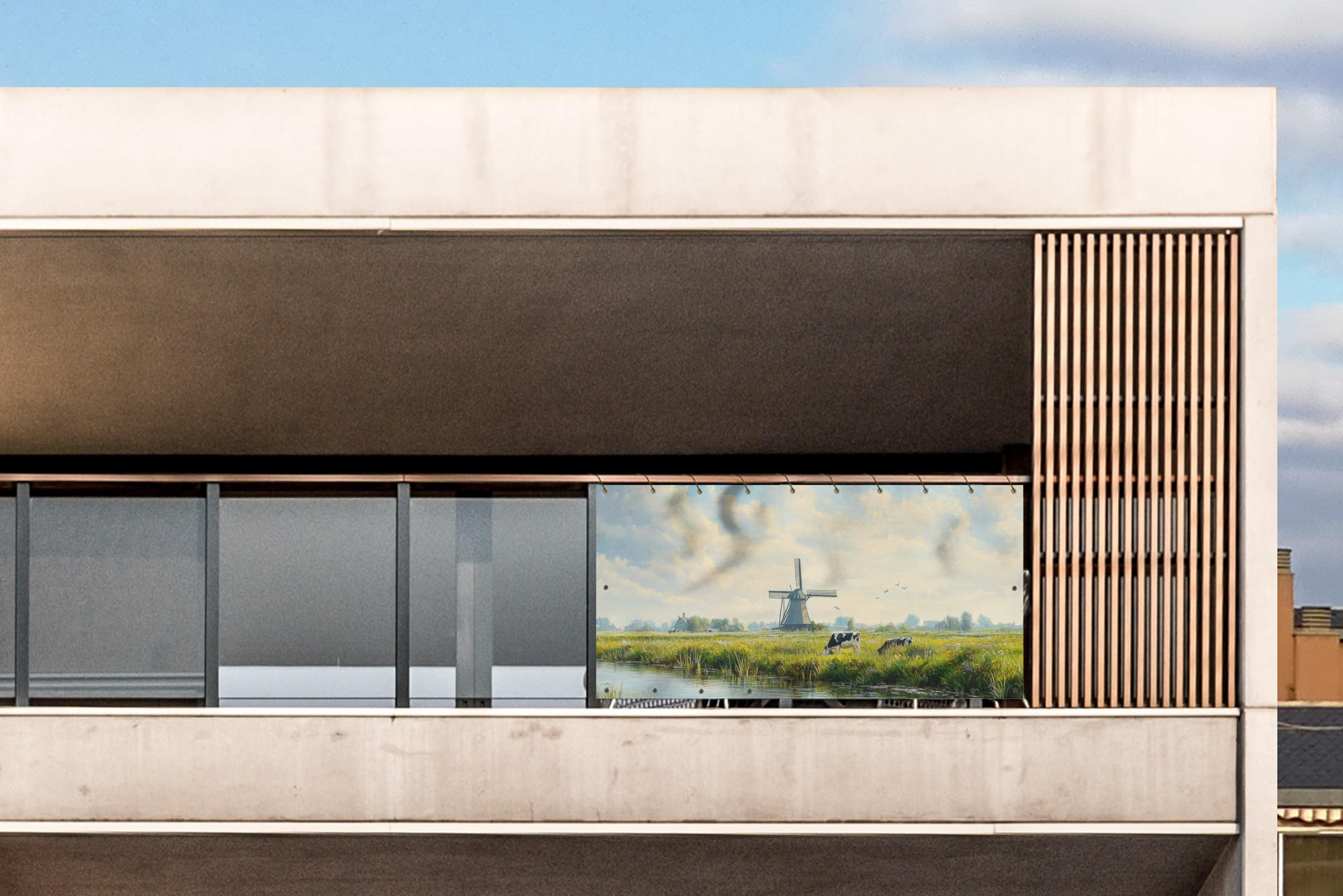 BALKON-SICHTSCHUTZ Kühe - Windmühle - Wiese - Blau - Grün, Kunststoff (300/120cm) - MuchoWow