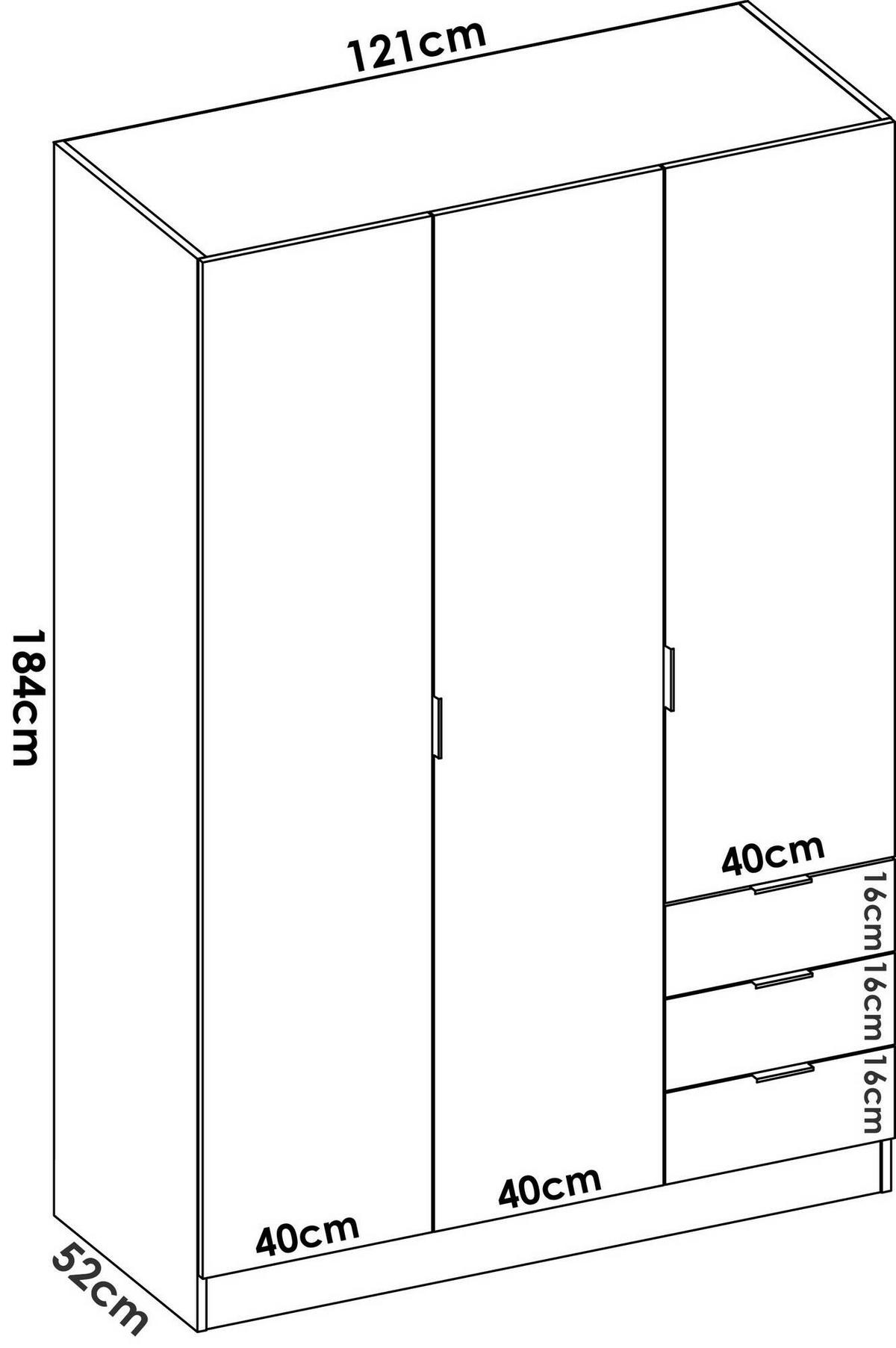 KLEIDERSCHRANK 3 TÜREN Weiß 52/121/184 cm - Weiß, Holzwerkstoff (121/184/52cm) - DMORA