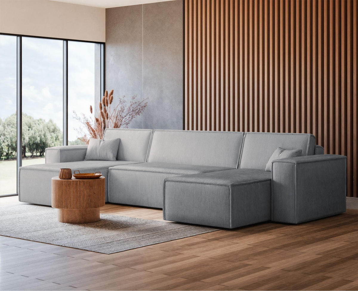 WOHNLANDSCHAFT Scarlo Hellgrau Cordbezug - Hellgrau/Schwarz, Kunststoff/Textil (312/83/145cm) - Selsey