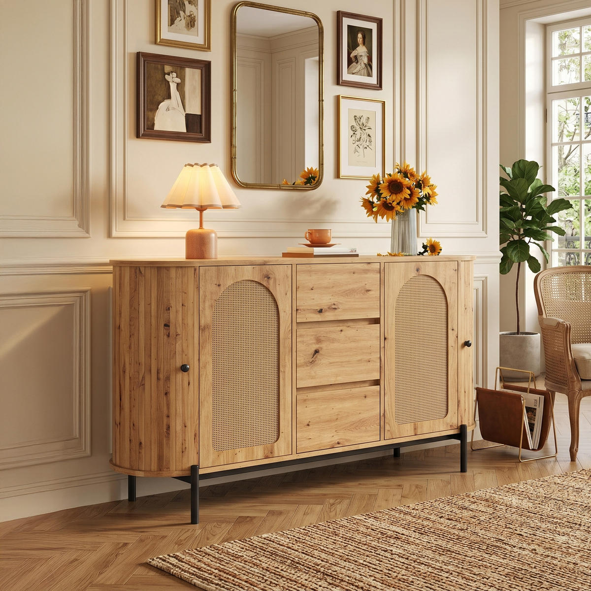 SIDEBOARD in Holzoptik mit Rattan, ovale Form und verstellbaren Fächern - Naturfarben, Holzwerkstoff (140/77.5/38cm) - Urban Meuble