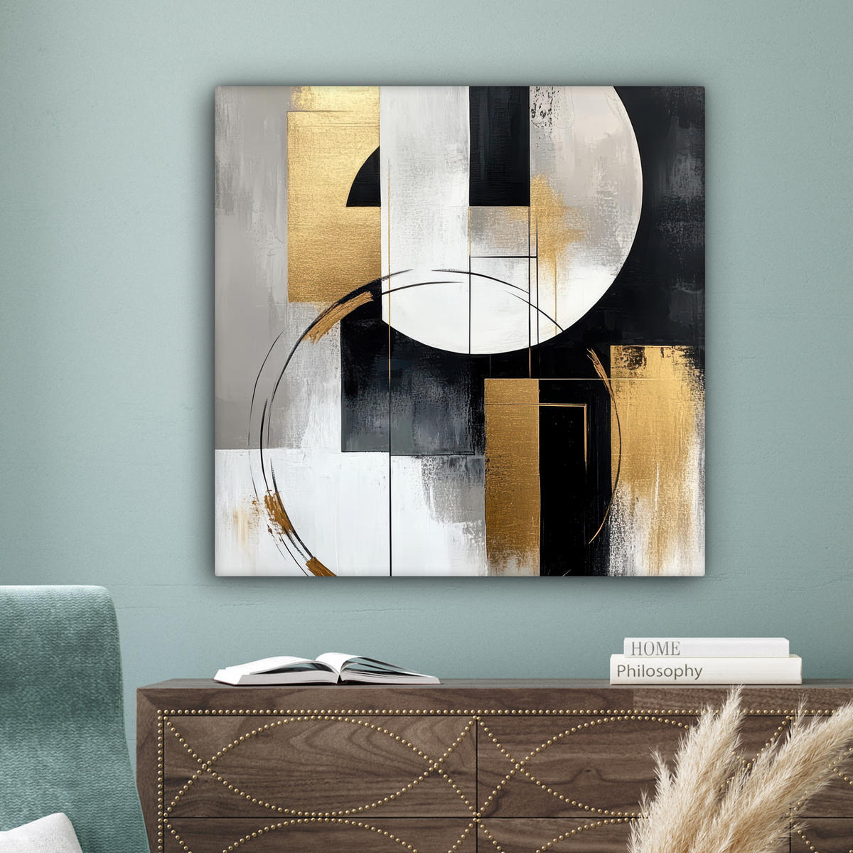 LEINWANDBILD - Abstrakt - Gold - Silber - Formen - Ästhetik - 90x90 - Gemälde - Multicolor, Textil (90/90cm) - MuchoWow