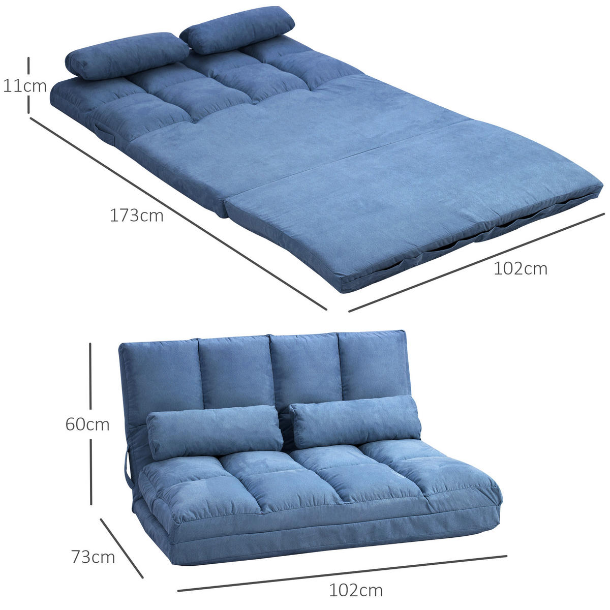BODENSTUHL 2-in-1 Bodensessel Bett mit Rückenlehne 3 Positionen Verstellbar - Blau, Textil/Metall (73/60/102cm) - HOMCOM