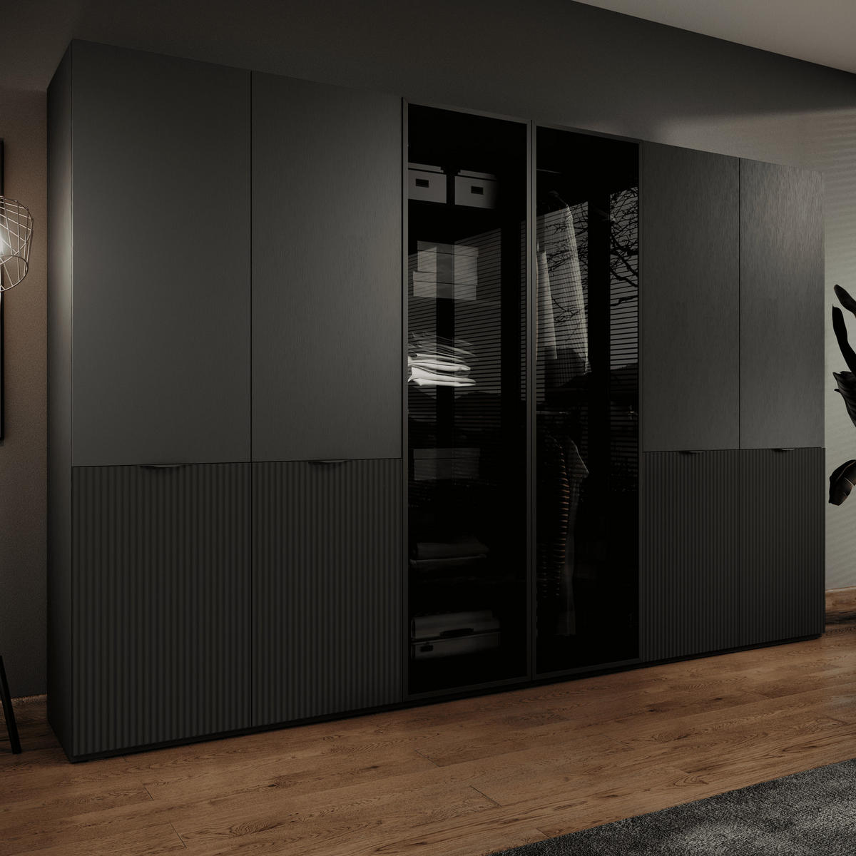KLEIDERSCHRANK ZEN (Modular, Schwarz Matt, Schwarz & Getöntes Glas Antisol, 6-türig) - Schwarz, Holz/Holzwerkstoff (303/200/51cm) - Ravio