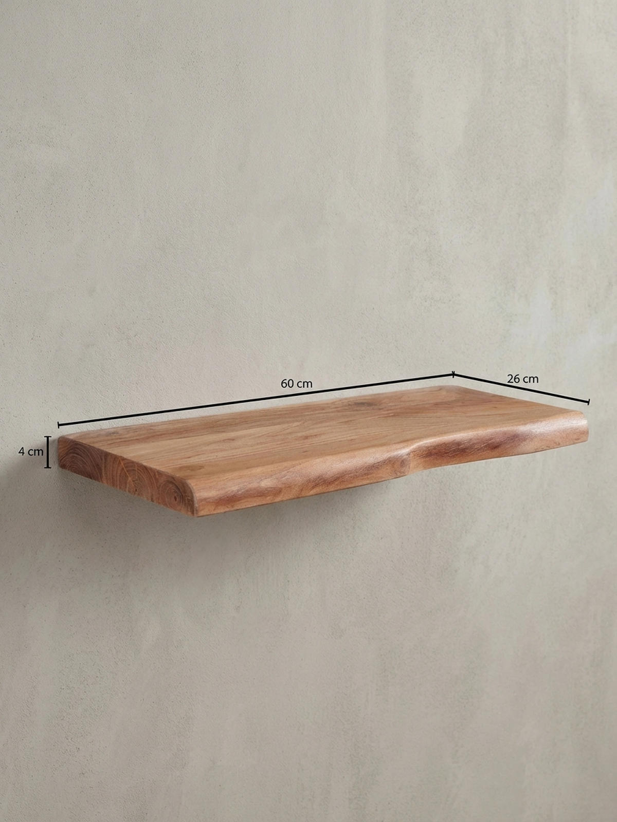 WANDREGAL Akazienholz Baumkante Rustikal, Beige 60x26x4 cm - Beige, Holz (60/4/26cm) - KADIMA DESIGN