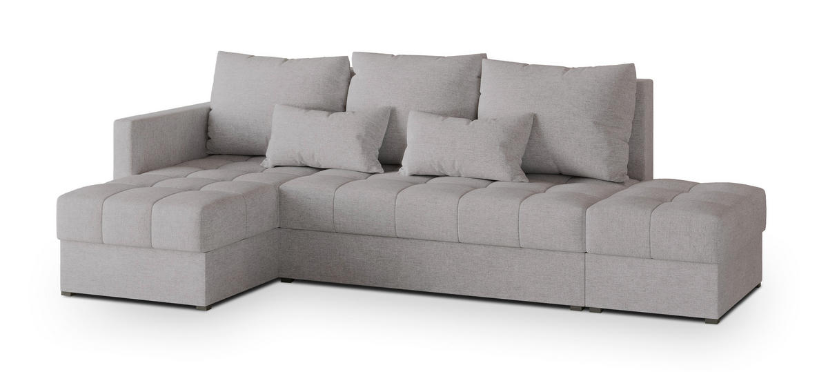 ECKSOFA LUMARI L-S Hellgrau Plüsch-Stoff mit Schlaffunktion - Hellgrau, Holz (262/143cm) - MASSENO