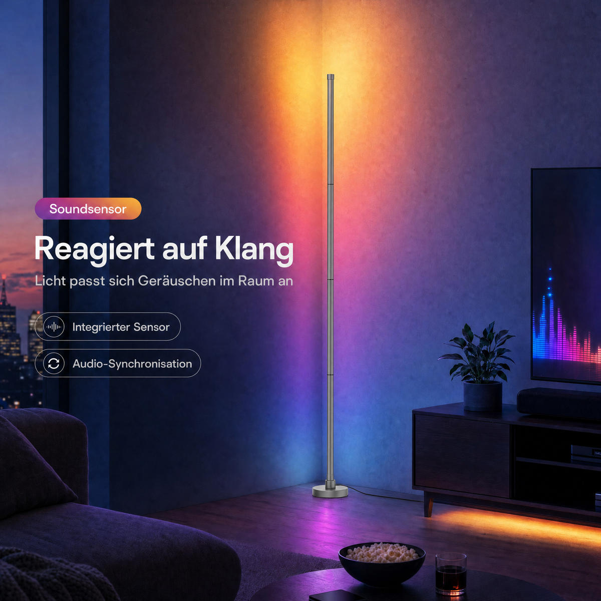 LED-ECKLAMPE - mit Fernbedienung und Soundsensor für RGB- und warmweiße Beleuchtung in Grau - Grau, Kunststoff (15.5/15.5/147.5cm) - Northpoint