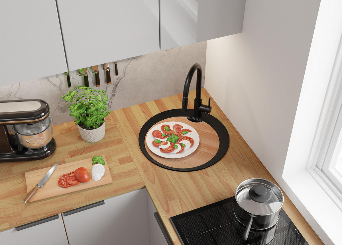 SPÜLBECKEN RUND Pisa, 2-er set Schwarz Metallic 50/50 cm 1 Becken + Ablauf-Set + Schneidebrett ab 45er Unterschrank - Chromfarben/Schwarz Hochglanz, Kunststoff (50/20/50cm) - Primagran