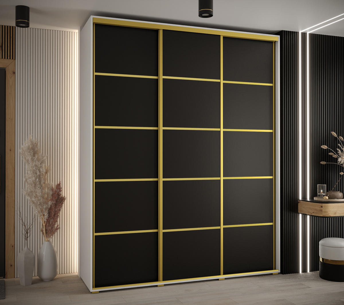 SCHWEBETÜRENSCHRANK 235,2/200/60 3-türig - Goldfarben/Schwarz, Holz/Metall (200/235/60cm) - Abiks Möbel