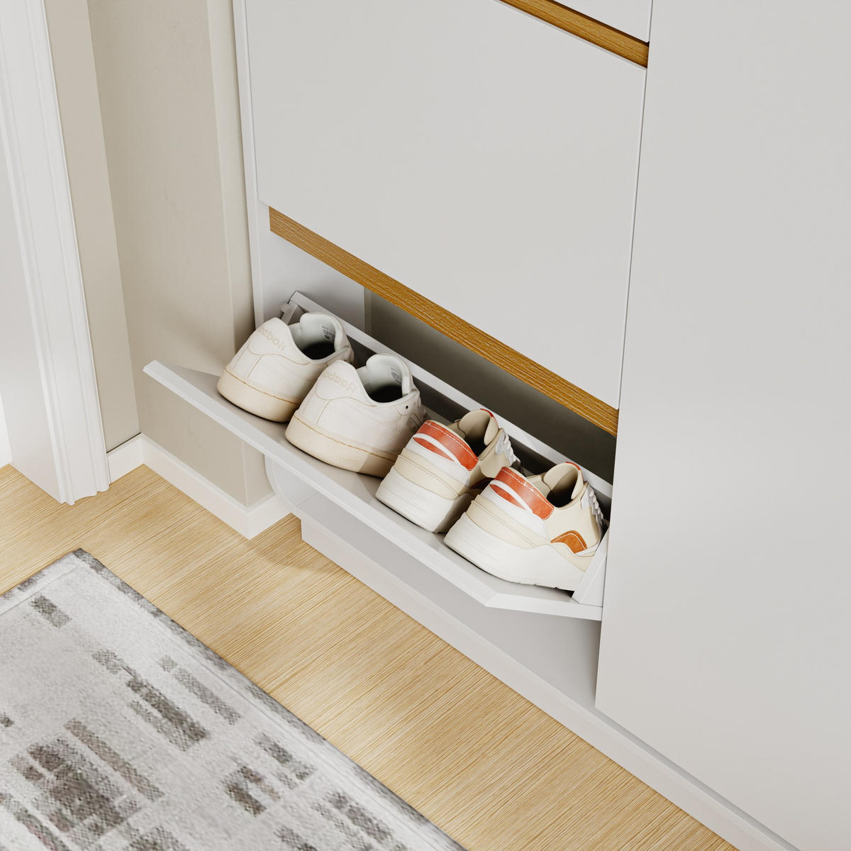 SCHUHSCHRANK mit Klappen und Steckdose FSR229-E-WN - Ahornfarben/Weiß, Holzwerkstoff/Fell (15/126/121cm) - SoBuy