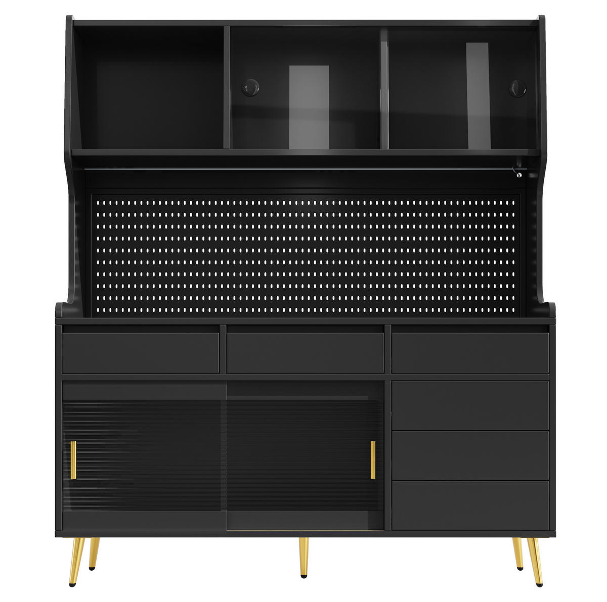 BUFFET 145/39/171 cm in Schwarz mit LED-Beleuchtung und Schiebetüren - Schwarz, Holzwerkstoff (145/171/39cm) - Flora Grace