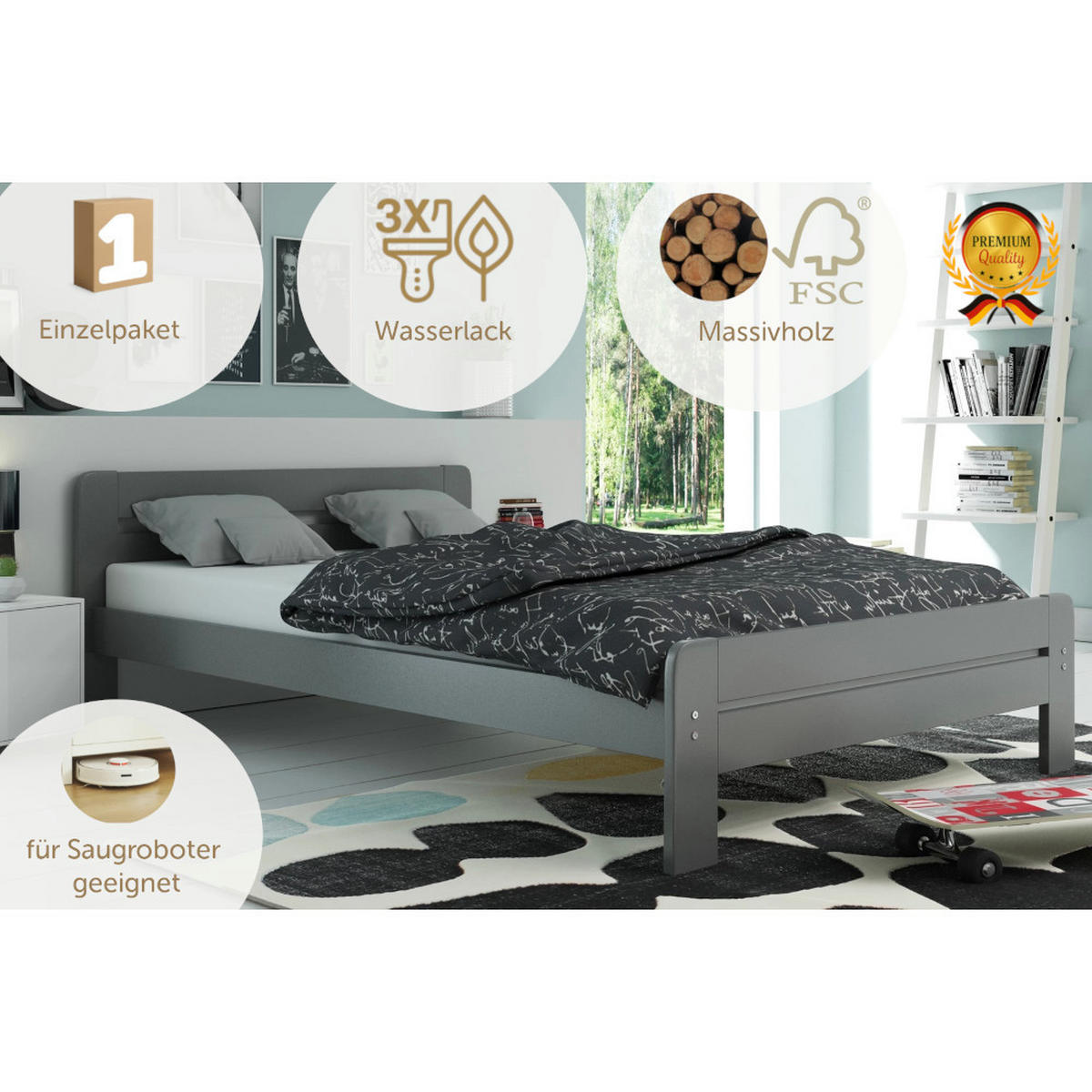 BETT Dallas 120x200cm Holzbett mit Lattenrost Grau - Grau, Holz (120/200cm) - Interbeds