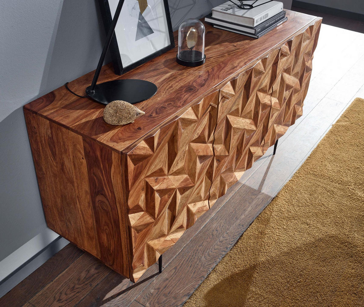 SIDEBOARD – "Metallux", Massivholz, braun, 3D-Oberfläche, modern - Schwarz/Braun, Holz/Metall (144/72/47cm) - KADIMA DESIGN