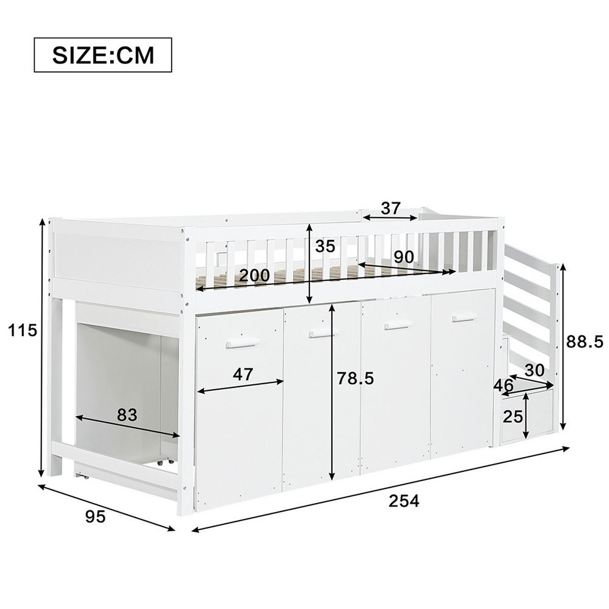 HOCHBETT 90x200cm mit Schreibtisch/Kleiderschrank/Schließfächer in Weiß - Weiß, Holz (90/200cm) - KOMHTOM