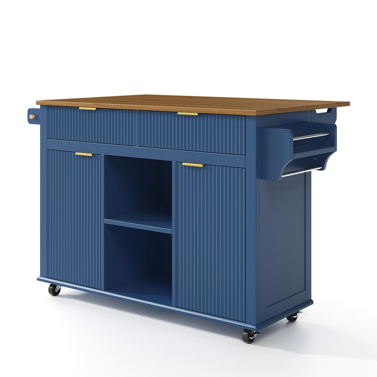 KÜCHENINSEL 89,5 cm MDF Blau Braun mit Klappbarer Arbeitsplatte und Gewürzregal - Dunkelblau, Holzwerkstoff (45/89.5/143cm) - Korfee