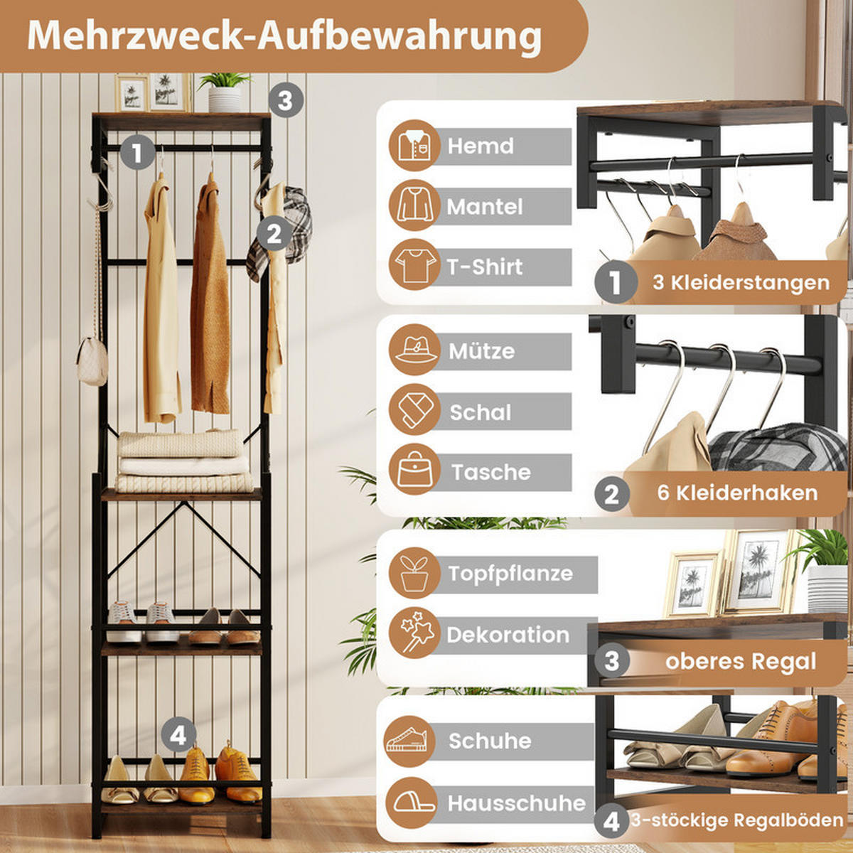 GARDEROBENSTÄNDER Metall schwarz - Schwarz, Metall (40/162/30cm) - COSTWAY