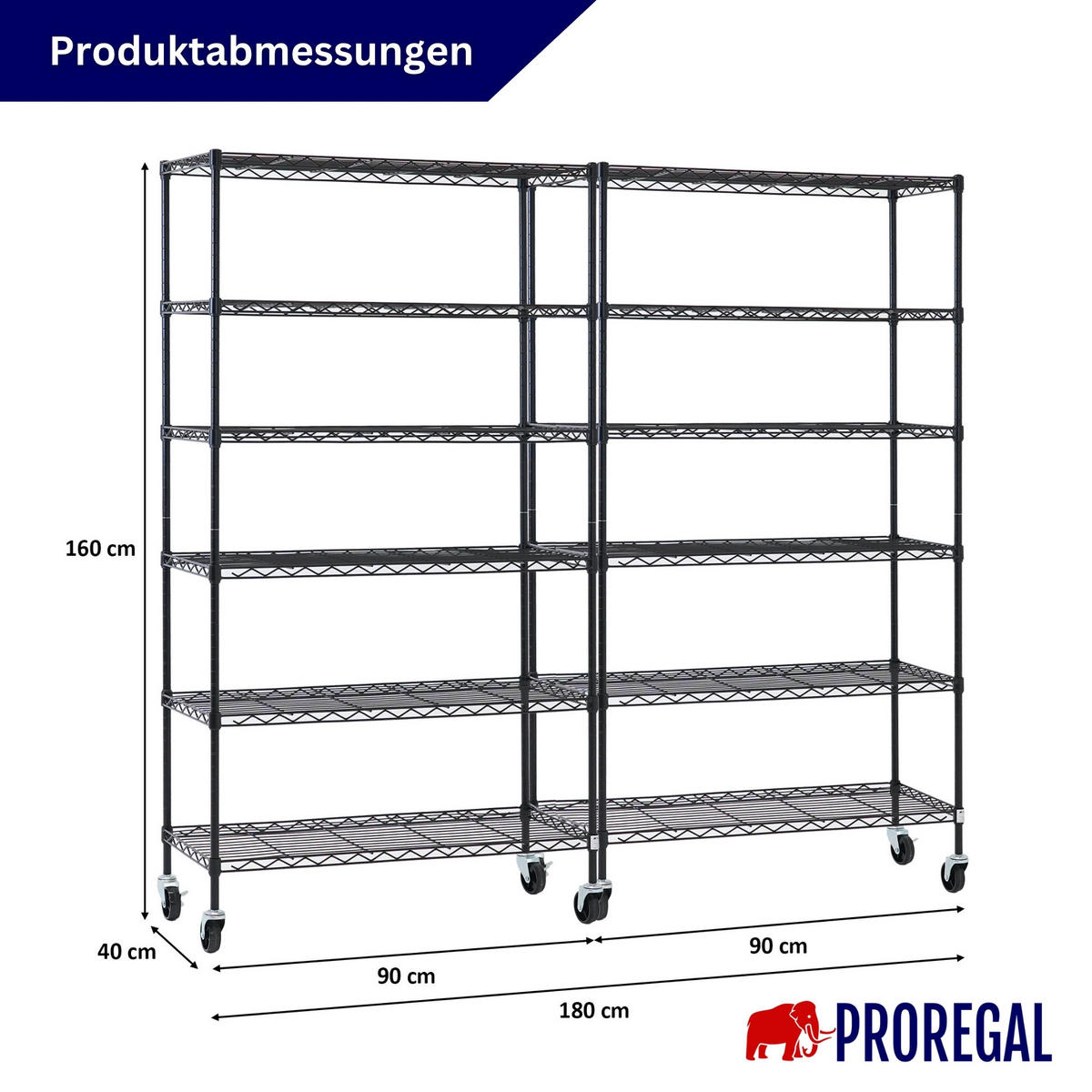 GITTERREGAL 2er - Set HADES mit Rollen & 6 Gitterböden Metall 160x90x40cm Schwarz - Schwarz, Metall (90/160/40cm) - PROREGAL