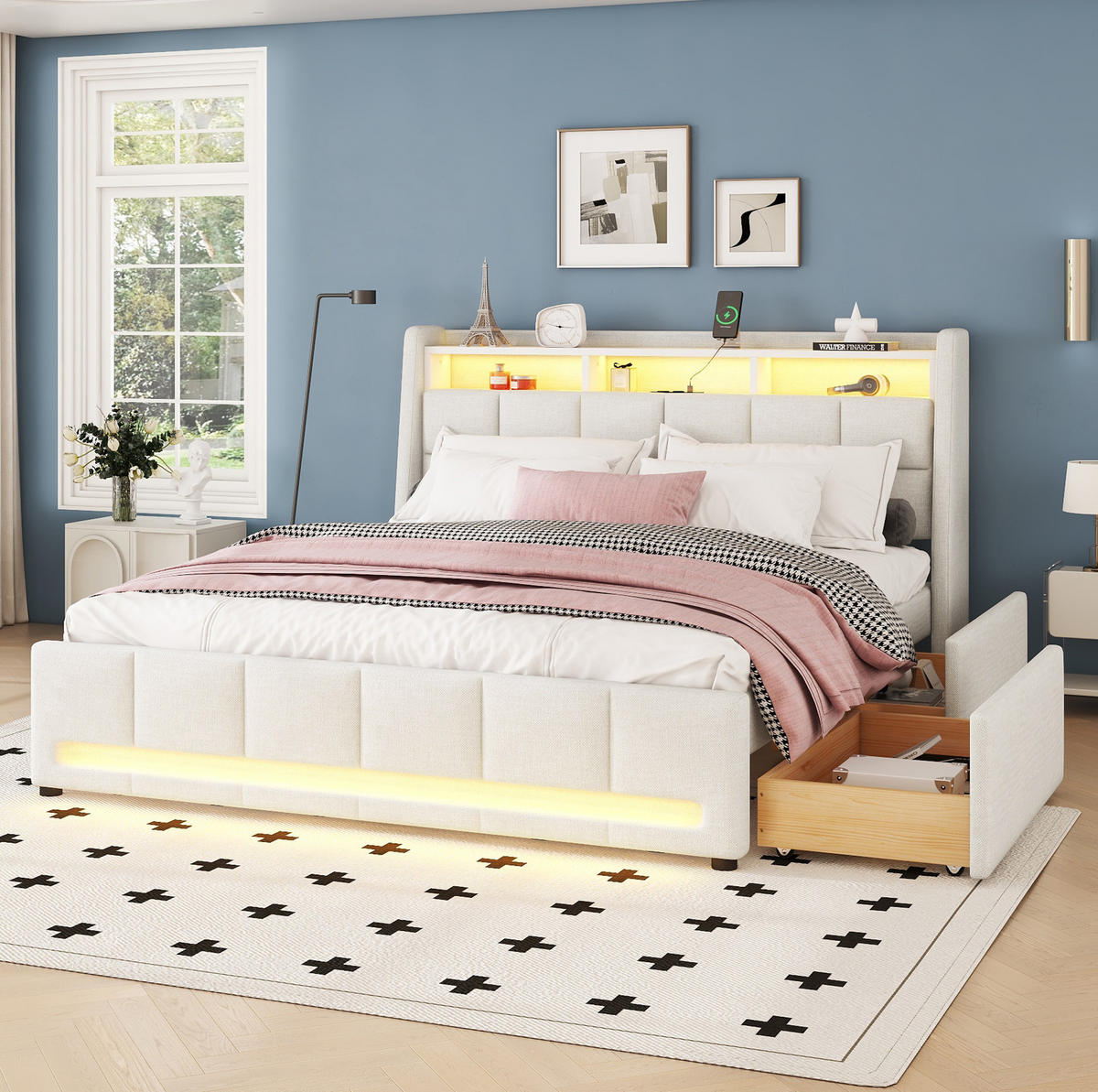 POLNJENA postelja iz lanu in MDF 140x200 cm bež z LED osvetlitvijo, USB priključkom in predali - bež, tekstil (140/200cm) - Modfu