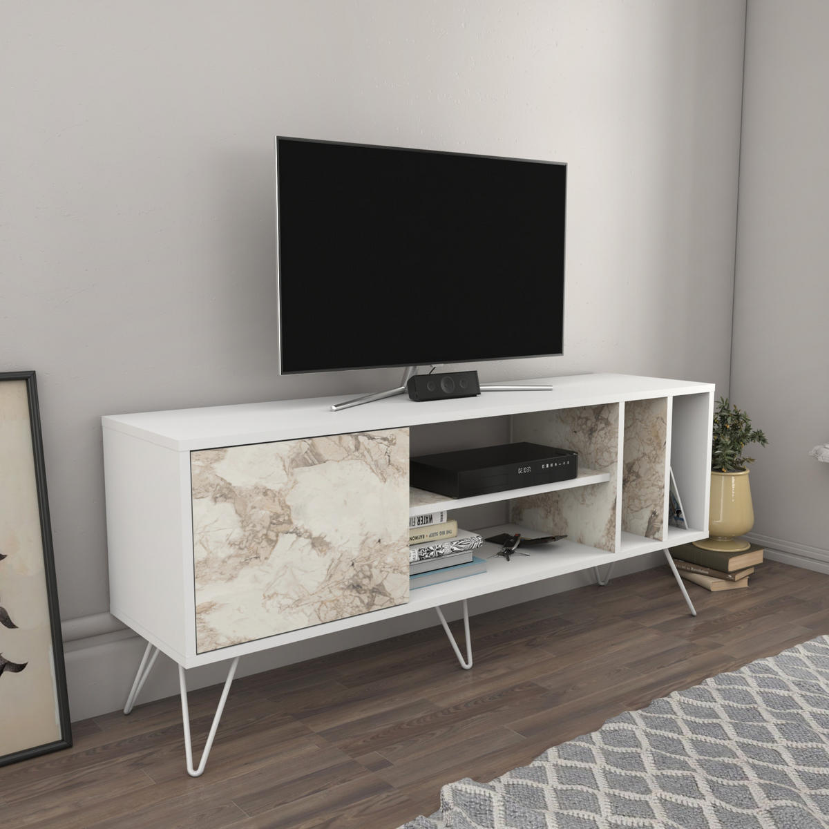 TV-ELEMENT Mictico 140 cm Weiß Marmor Decor - Creme/Weiß, Holzwerkstoff (35.5/58.4/140cm) - Decorotika