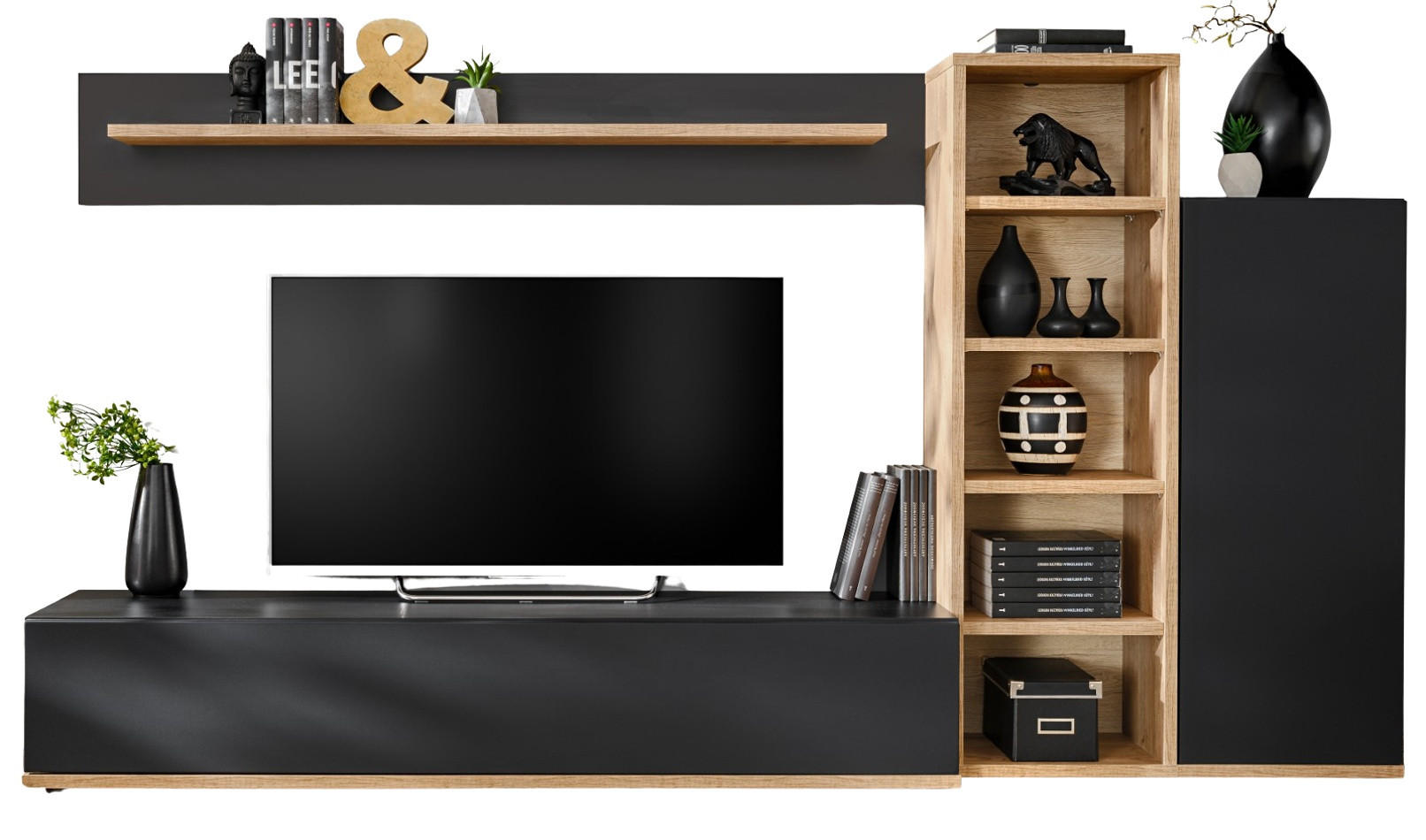 WOHNWAND schwarz, Ribbeck Eiche 240 cm, Schrankwand mit Push-to-Open - Eichefarben/Schwarz, Holzwerkstoff/Kunststoff (240/129/40cm) - Furn.Design