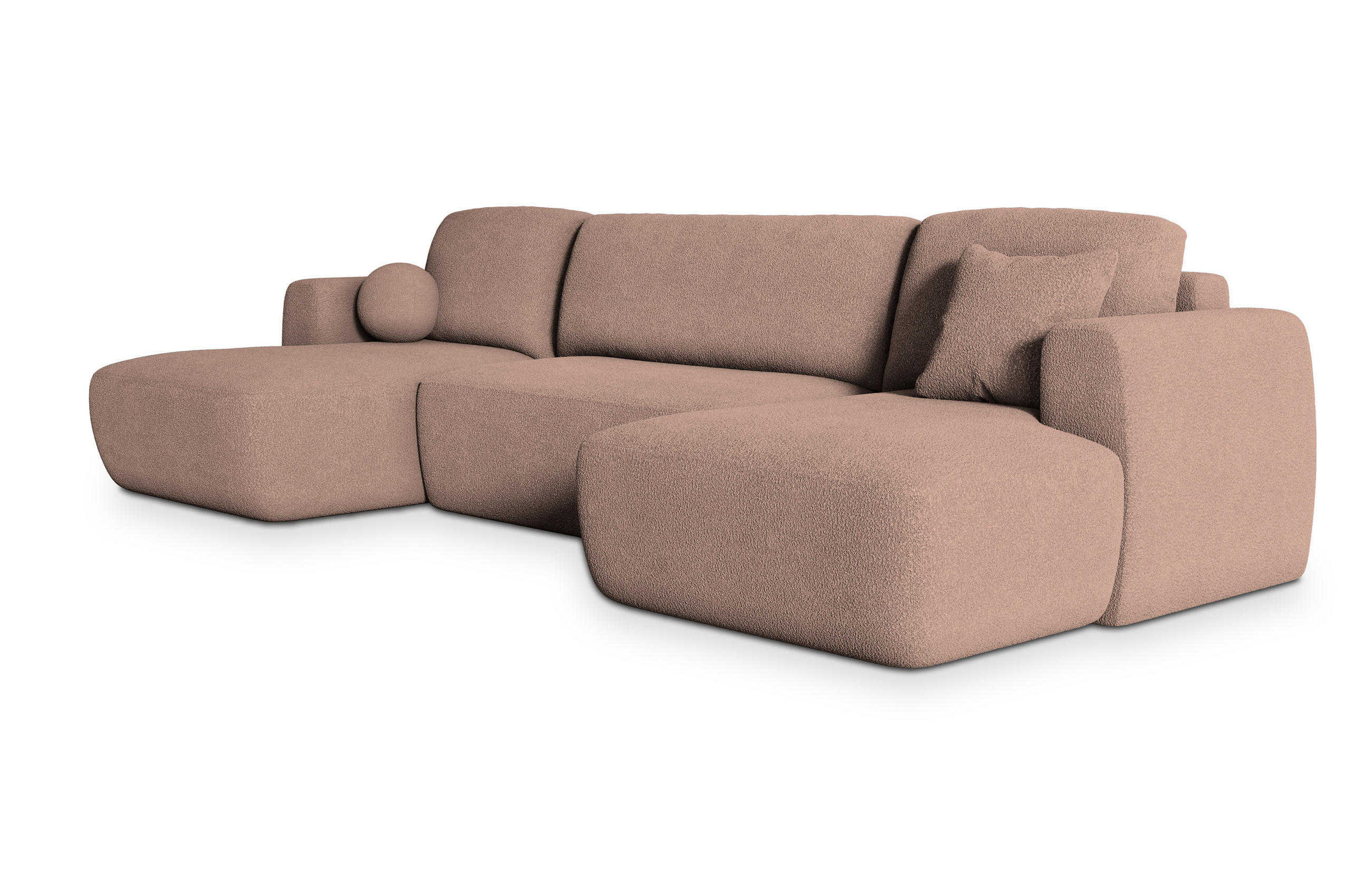 WOHNLANDSCHAFT SENTUM N Rosa Boucle-Stoff mit Schlaffunktion - Rosa, Holz (330/90/148cm) - MASSENO