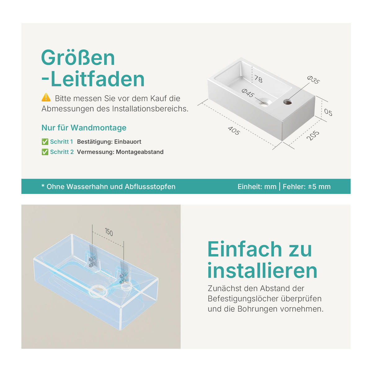 HANDWASCHBECKEN mit pflegeleichter Oberfläche Weiß 40,5 / 20,5 / 10,5 cm - Weiß Hochglanz, Keramik (20.5/10.5/40.5cm) - EMKE