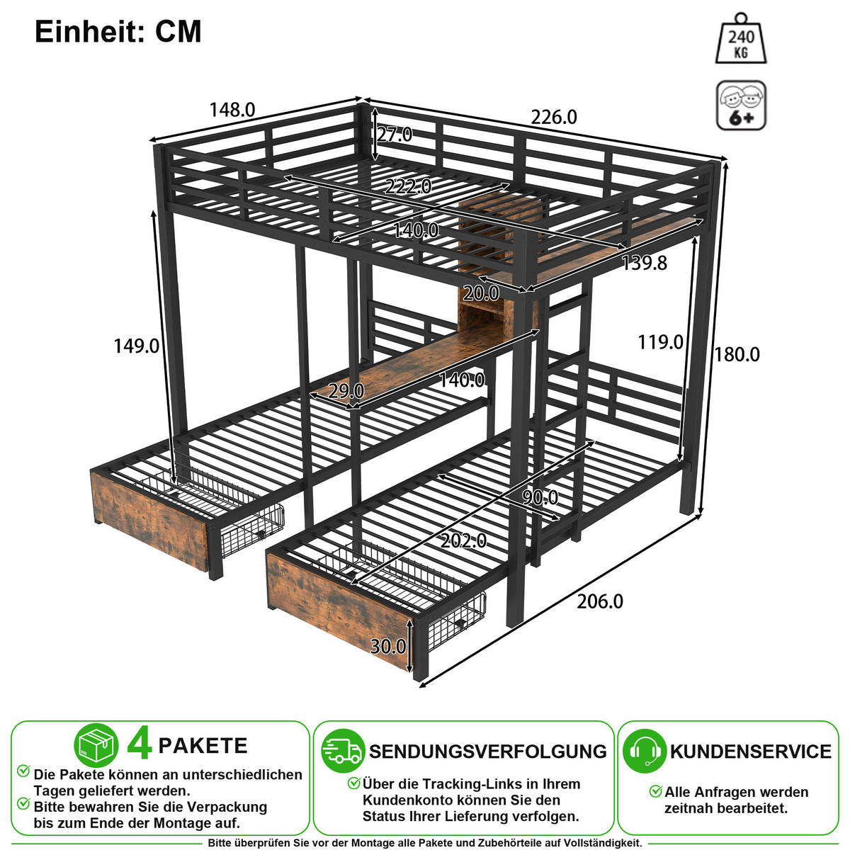 PATROVÁ POSTEL 140/200 cm a 90/200 cm v černé barvě s úložným prostorem - černá, kov/kompozitní dřevo (140/200cm) - CHICFURN