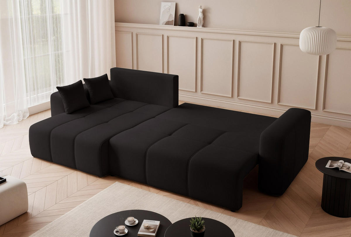 ECKSOFA XL Velours mit Bettkasten und Schlaffunktion - Schwarz, Holzwerkstoff/Textil (278/145cm) - Idohome