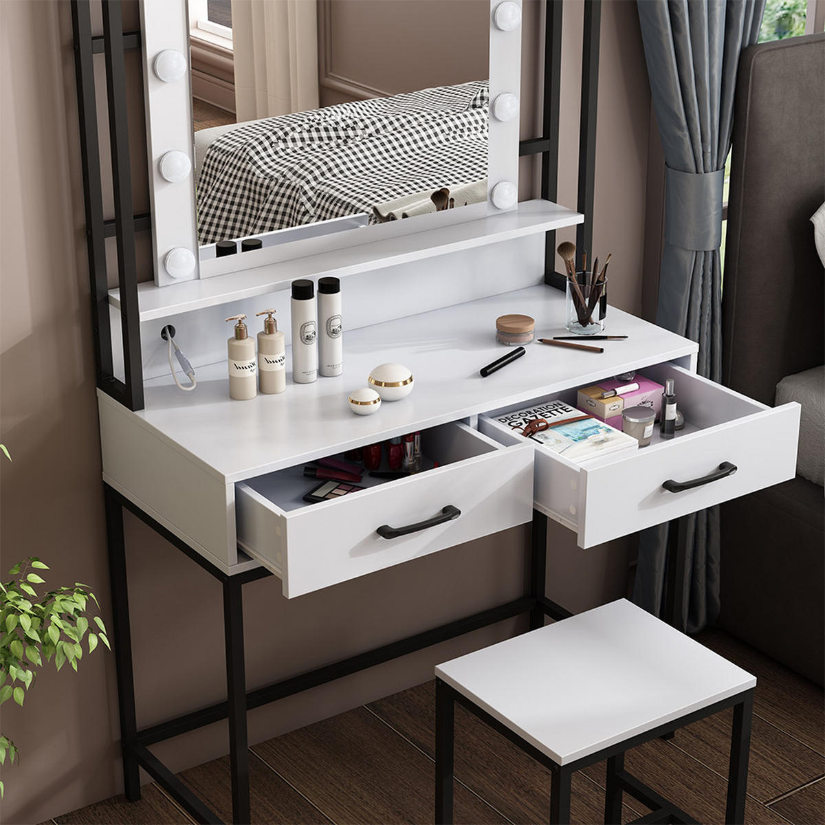 SCHMINKTISCH Luvia Weiß 90 cm mit LED-Beleuchtung und Hocker - Schwarz/Weiß, Holzwerkstoff (90/146/40cm) - Vicco
