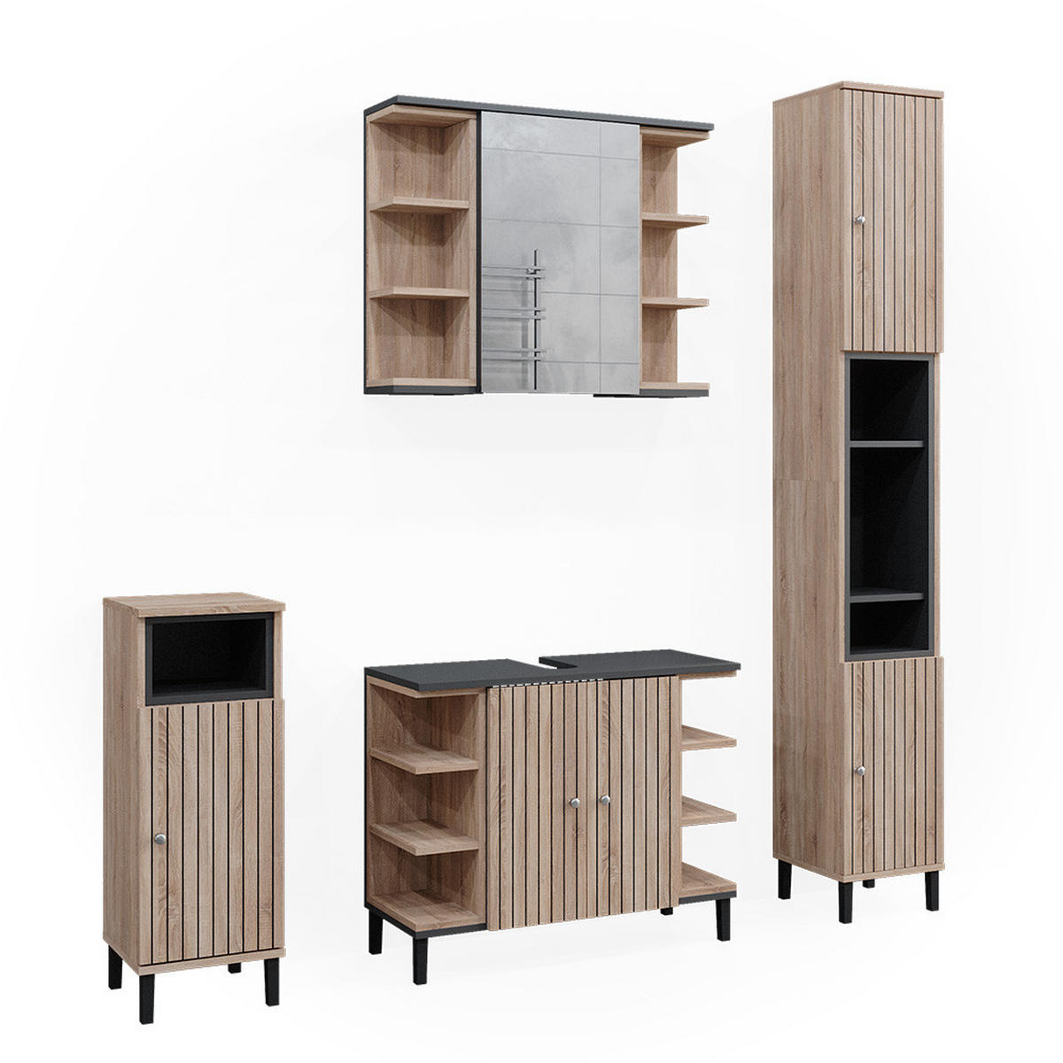 BADMÖBEL-SET Aquis Sonoma 4 Teile - Anthrazit/Sonoma Eiche, Holzwerkstoff (79.6/64/32cm) - Vicco