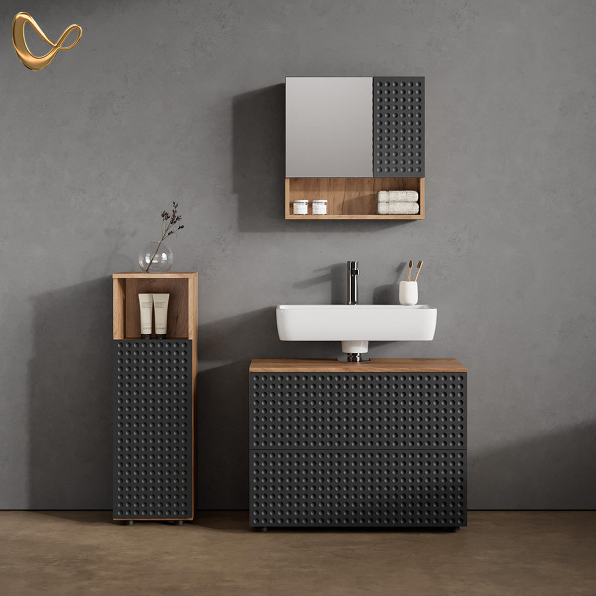 BADMÖBEL-SET Ronco Anthrazit gestreift 3 Teile, mit Midischrank - Eichefarben/Anthrazit, Holzwerkstoff (54/55/41cm) - Livinity®