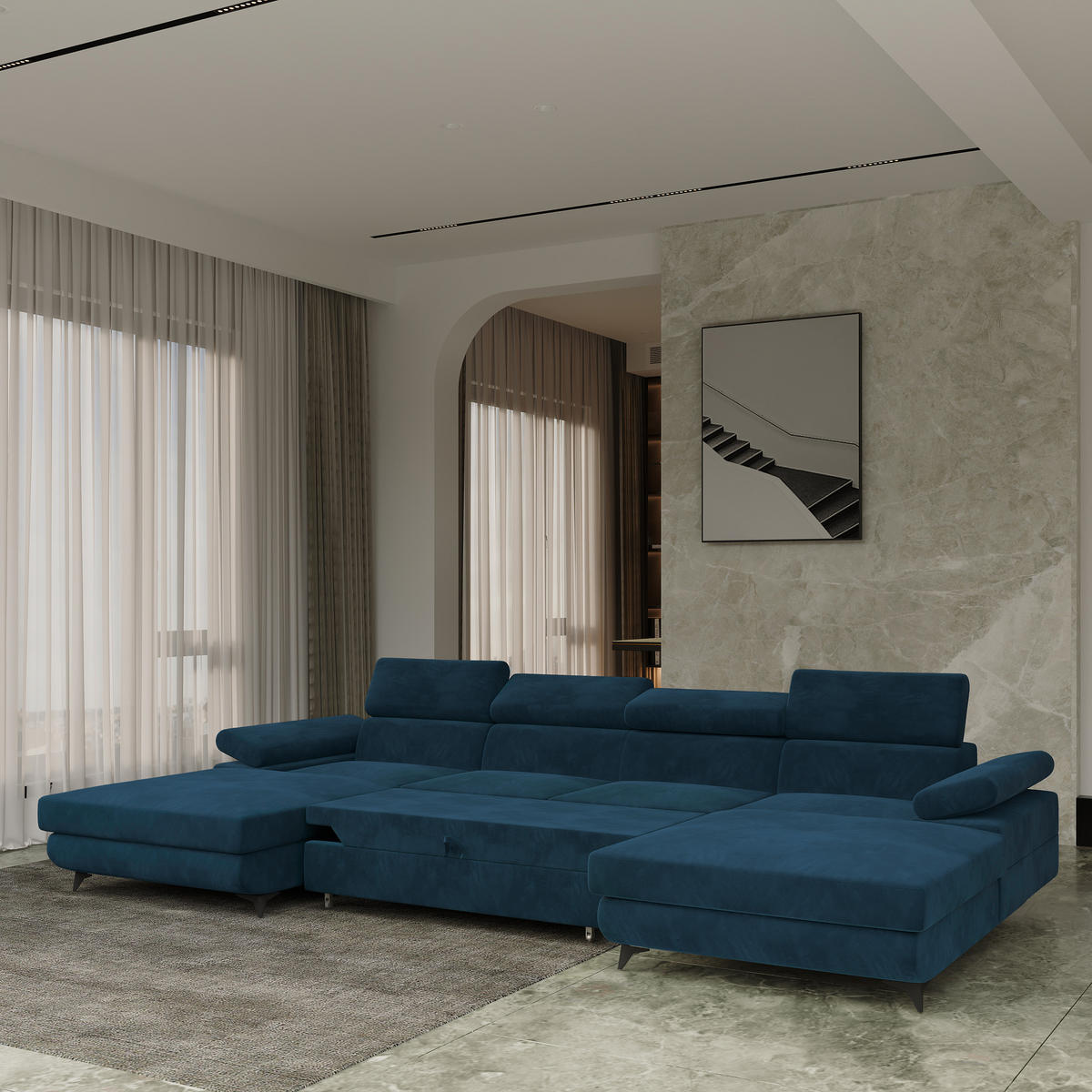 WOHNLANDSCHAFT DETTI Blau Velours-Stoff mit Schlaffunktion - Blau, Holz (339/89/190cm) - MASSENO