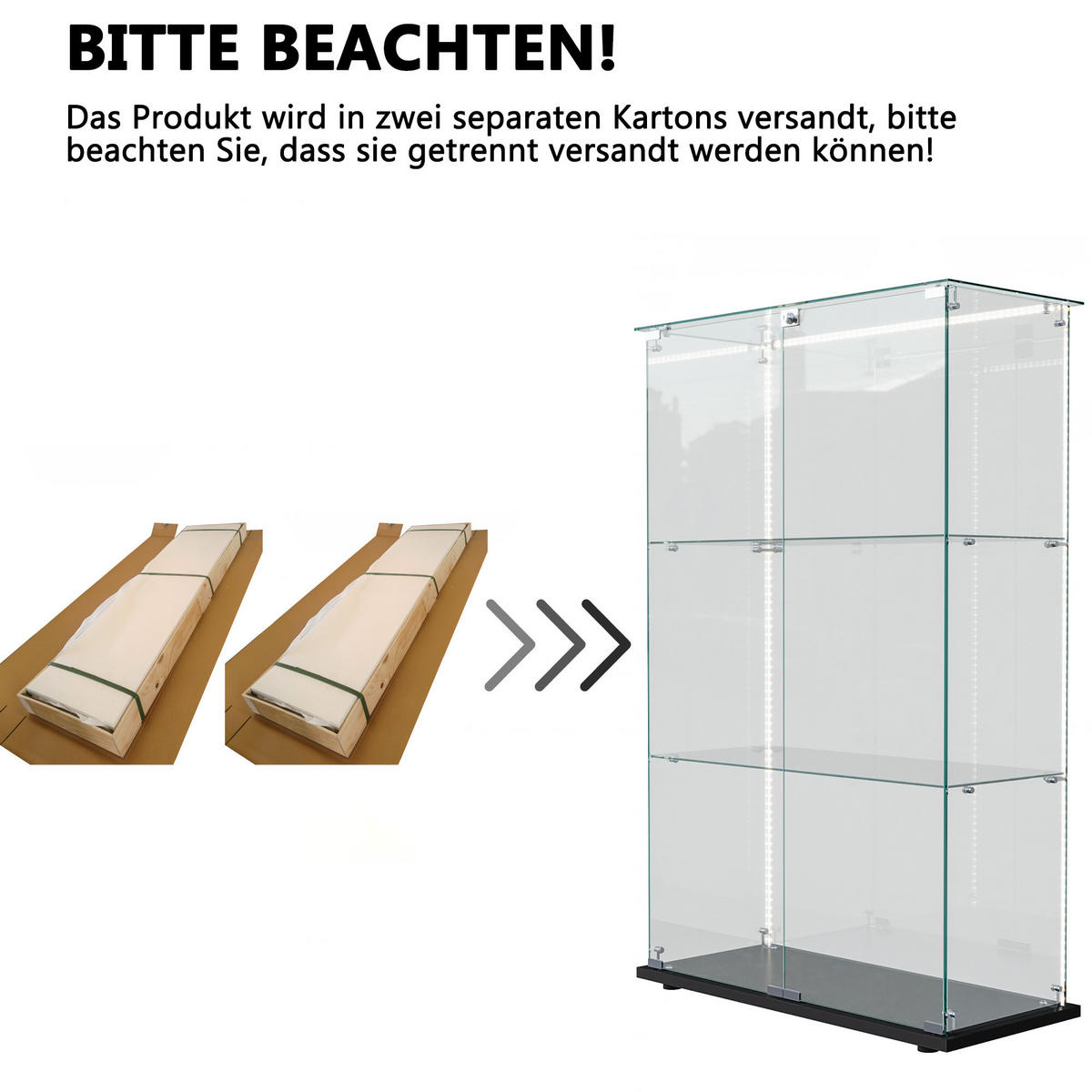 GLASVITRINE, stehend mit 3 Einlegeböden, LED-Lichtleiste, Doppeltür mit Sicherheitsschloss in Schwarz - Schwarz, Glas (35/123.3/78.5cm) - BRILVERDE